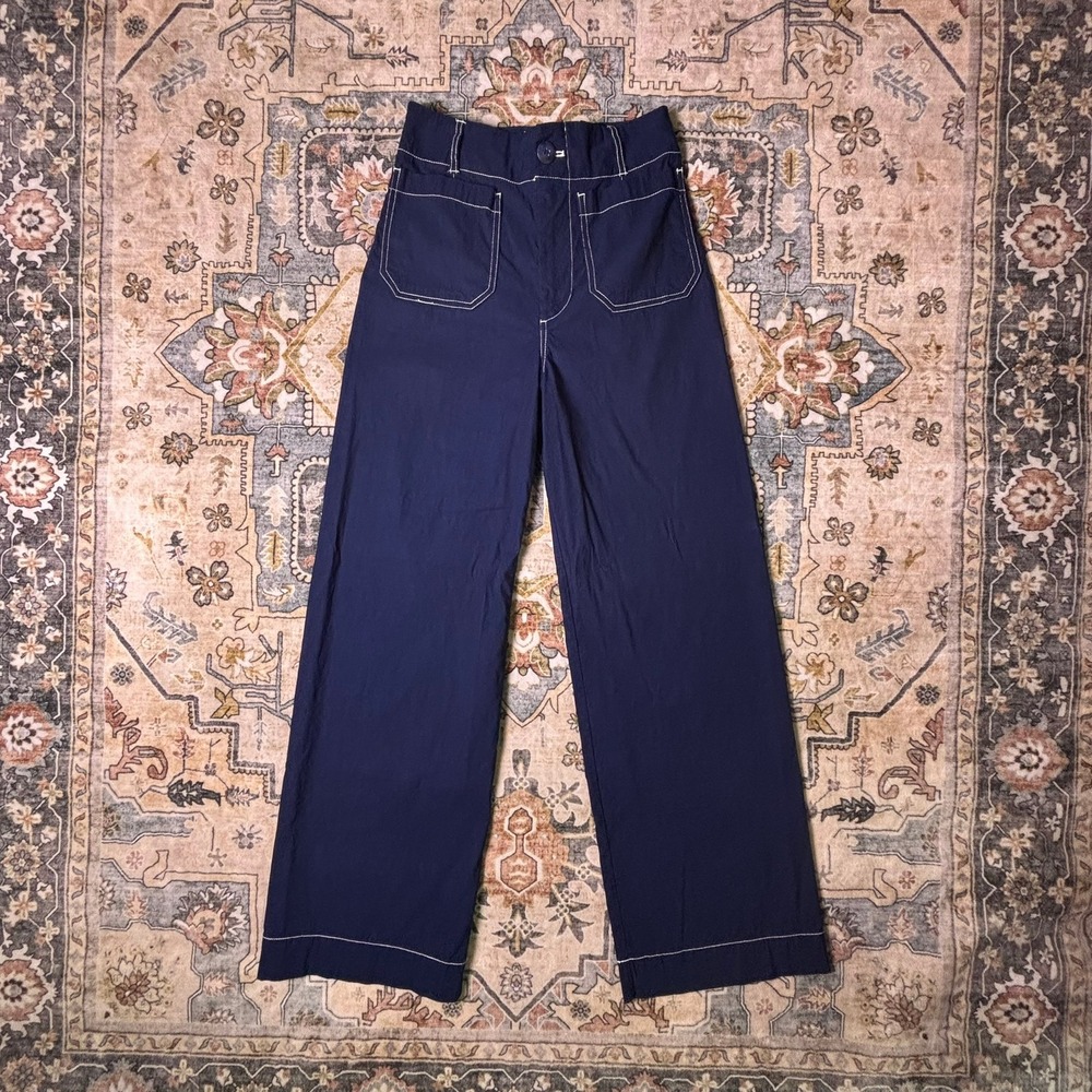 Maeve Navy Collette Pant Wide Leg High Waisted Linen Blend Trouser Anthropologie